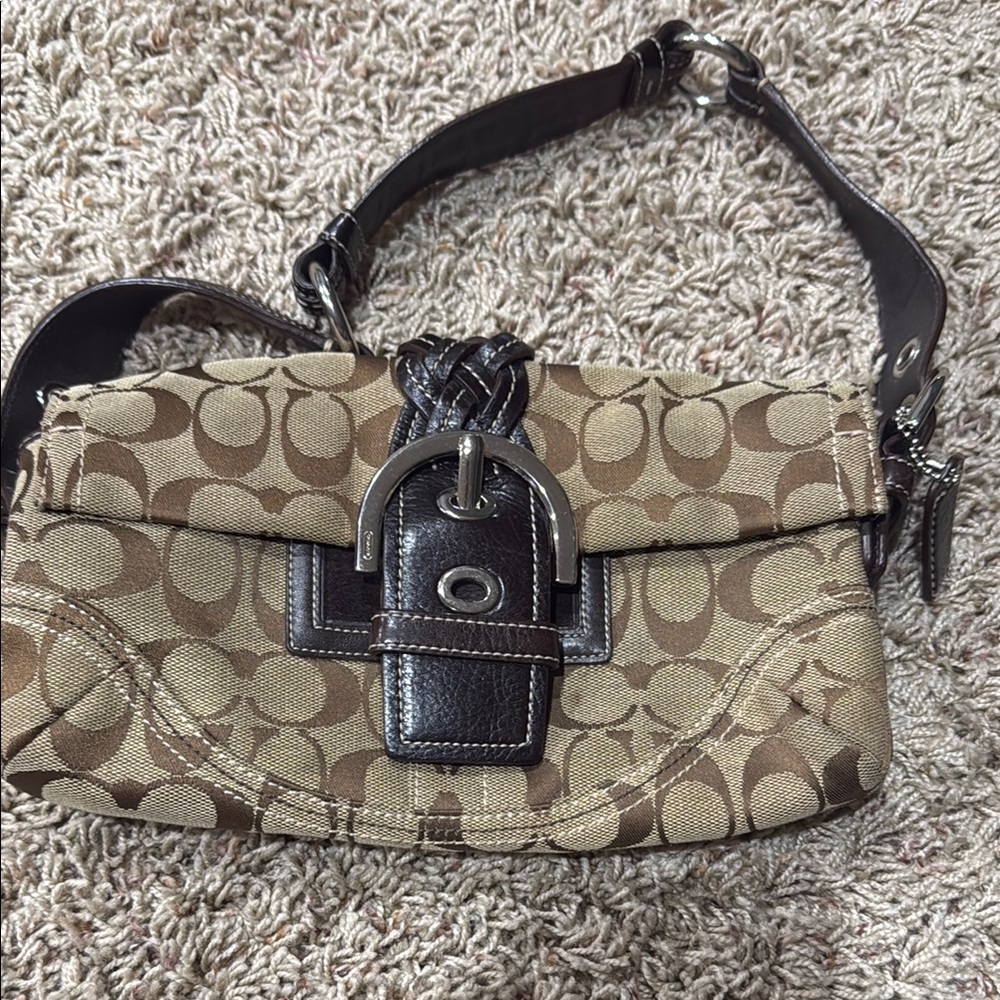 Coach Brown and Black Shoulder Bag with Signature Pattern